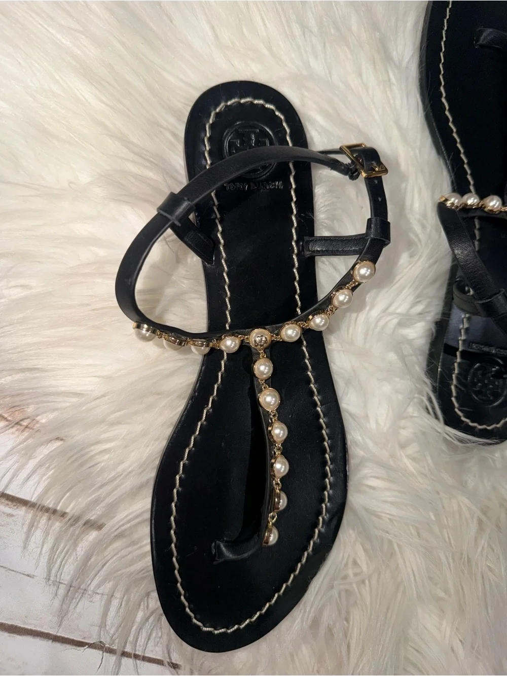 Tory Burch Black Pearl-Trim T-Strap Sandals